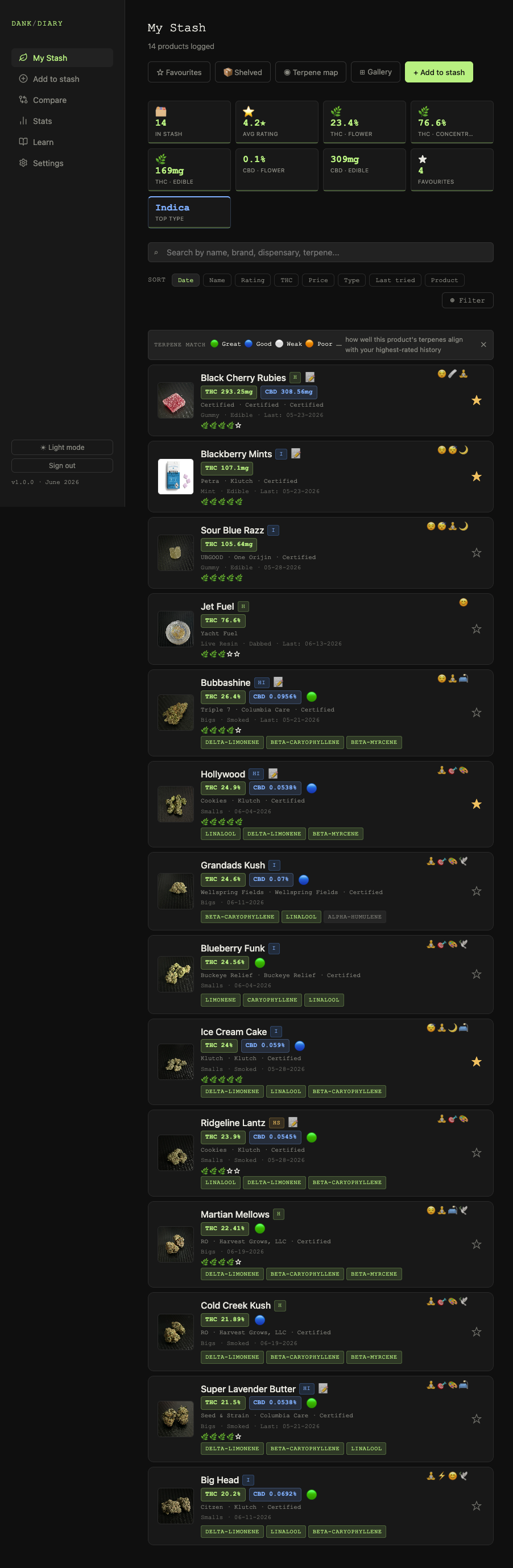 My Stash list with filters and type badges