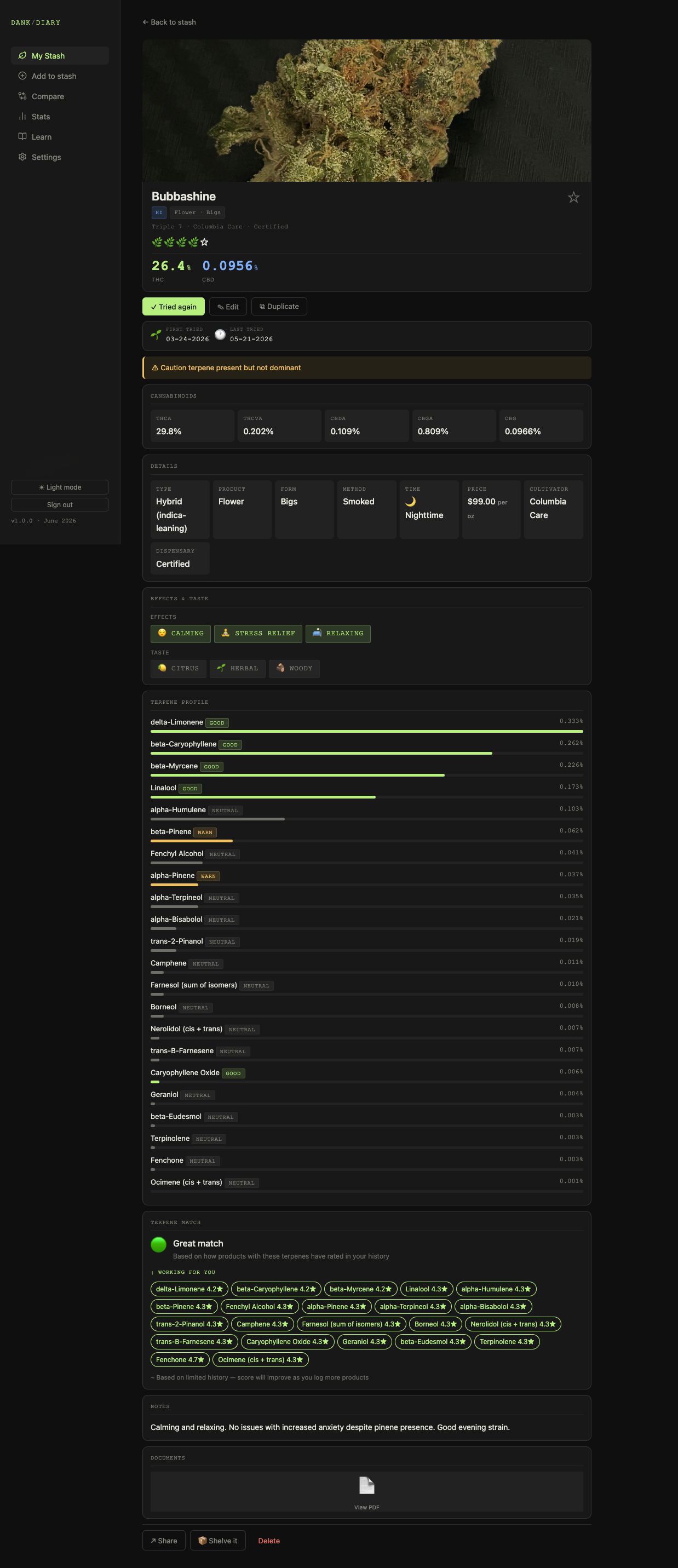 Product detail view showing terpene profile, match score, effects and taste