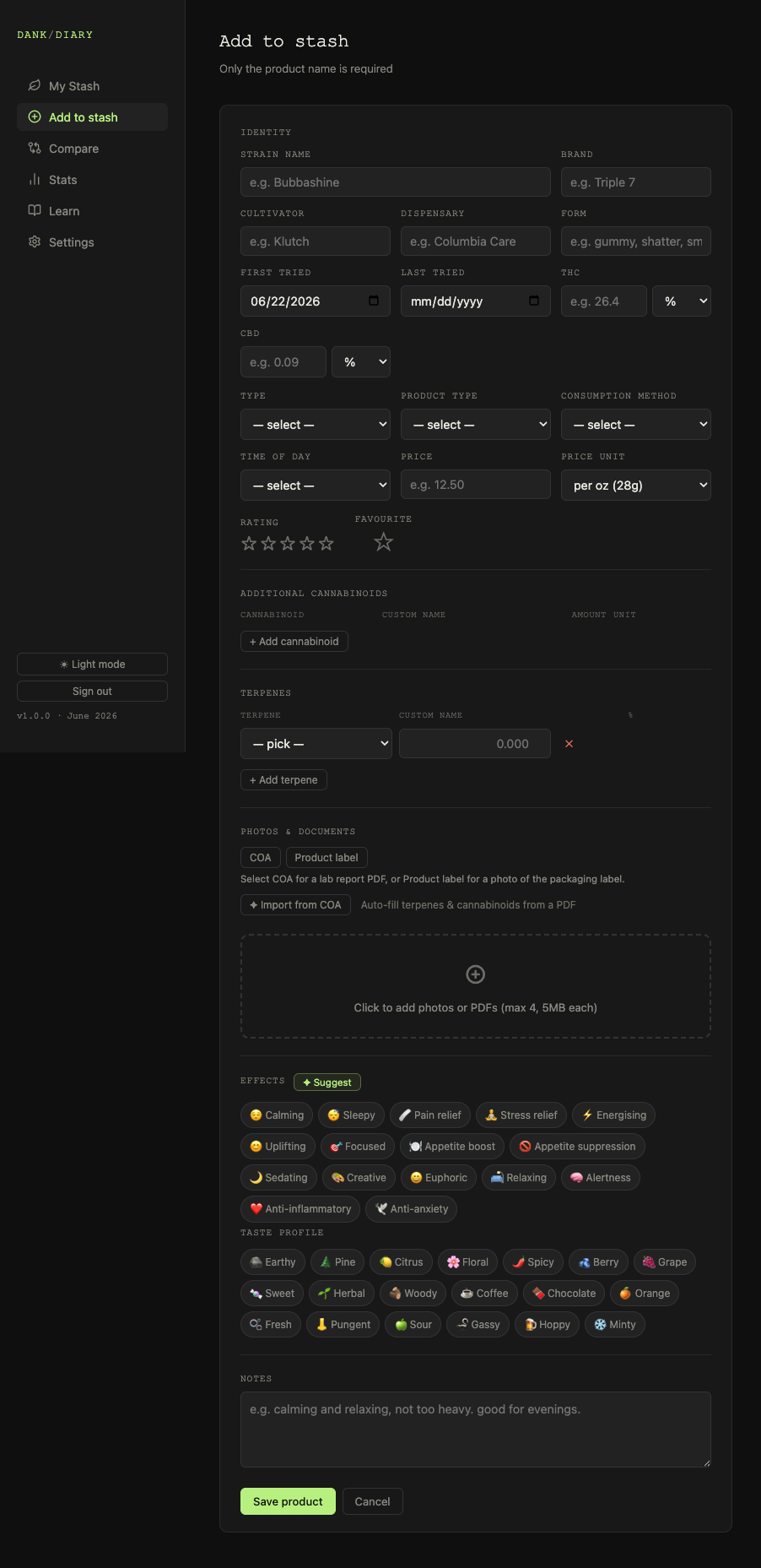 Add product form showing terpene and cannabinoid entry